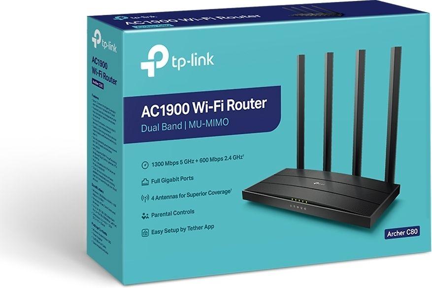 TP-LINK Archer C80 TP-Link Archer C80 AC1900 Dviejų juostų belaidis 802.11ac Gbit maršrutizatorius 4xLAN MU-MIMO