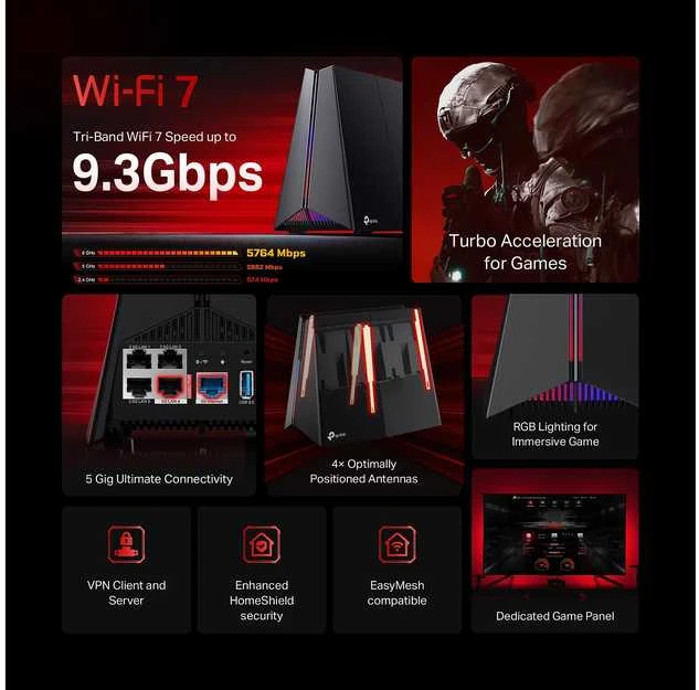 Maršrutizatorius TP-Link Archer GE550 Gaming-router, Tri-Band WiFi 7, 9.220 Mbit/s, Mesh, RGB - juodas