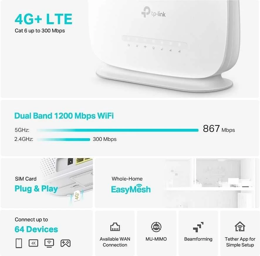 Belaidis Maršrutizatorius - TP-Link Archer 4G+ Cat6 AC1200 Dual Band Gigabit