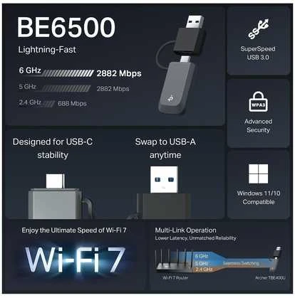 TP-LINK BE6500 trijų dažnių „Wi-Fi 7 Mini“ belaidis USB adapteris | Archer TBE400U | 2,4 GHz, 5 GHz, 6 GHz | 802.11ax | MU-MiMO Ne | ne PoE | Antenos tipas Vidinė