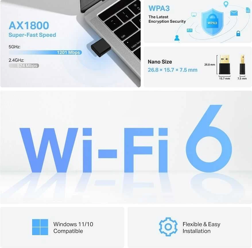 TP-Link Archer TX20U Nano techninių specifikacijų infografikas