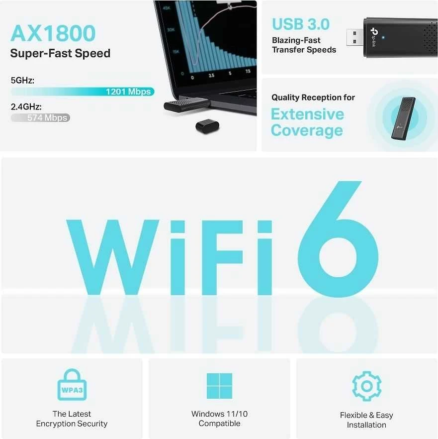 TP-LINK | AX1800 dviejų juostų „Wi-Fi 6“ belaidis USB adapteris | Archer TX20U