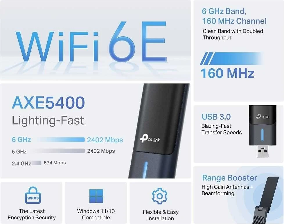 TP-LINK | „Archer TXE70UH AXE5400 High Gain Tri-Band Wi-Fi 6E“ USB adapteris