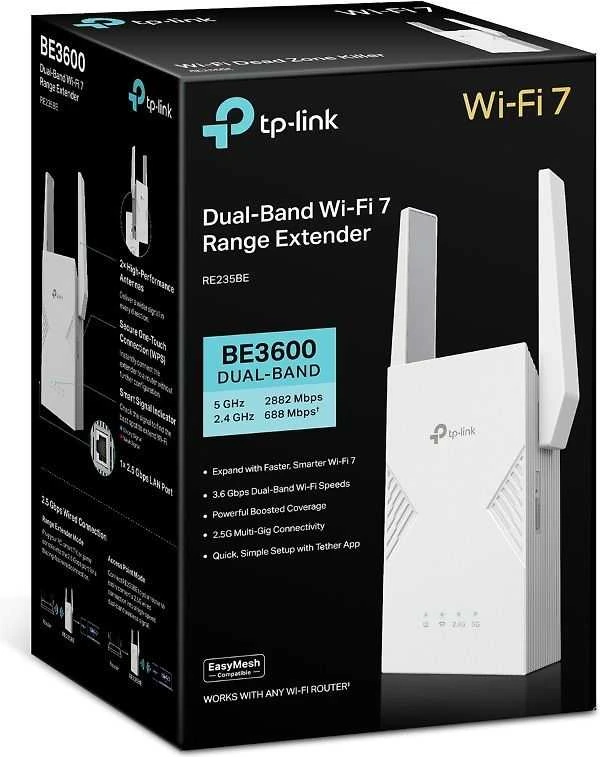 Maršrutizatorius TP-LINK BE3600 dviejų dažnių „Wi-Fi 7“ diapazono ilgintuvas | RE235BE | 802.11ax | 688/2882 Mbit/s | Ethernet LAN (RJ-45) jungtys 1 | MU-MiMO Ne | ne PoE | Antenos tipas Išorinė