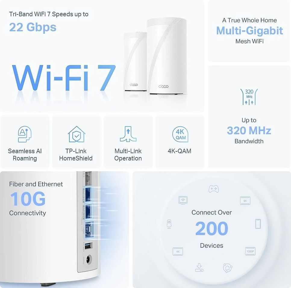 Maršrutizatorius TP-Link Deco BE85(1-pack) WiFi7 Mesh (BE22000, 2,4 GHz / 5 GHz / 6 GHz, 1x10GbELAN / WAN, 1xSFP+ / 10GbELANcombo, 2x2,5GbELAN / WAN, 1xUSB)