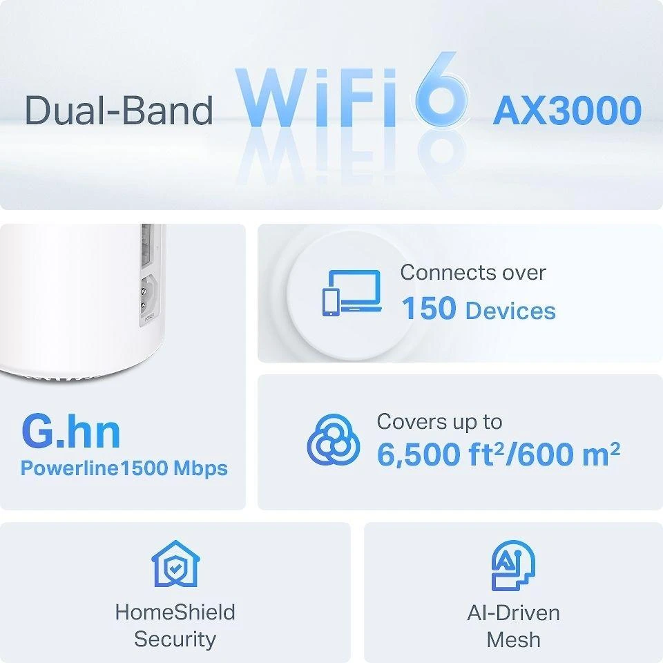 Maršrutizatorius TP-Link Deco PX50 (3 paketų) „WiFi6 Powerline Mesh“ (AX3000, 2,4 GHz / 5 GHz, 3 x GbELAN / WAN)