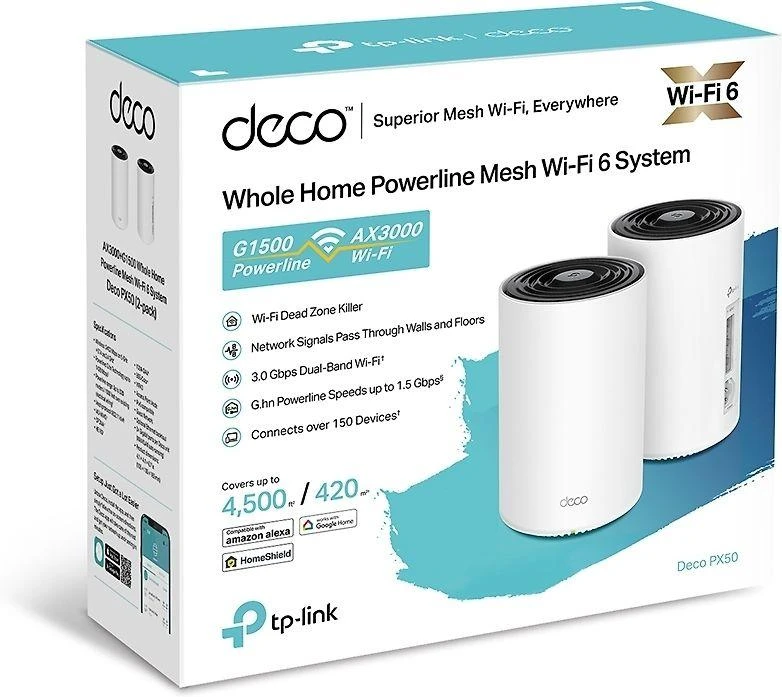 Maršrutizatorius TP-Link Deco PX50 (2 paketų) „WiFi6 Powerline Mesh“ (AX3000, 2,4 GHz / 5 GHz, 3 x GbELAN / WAN)