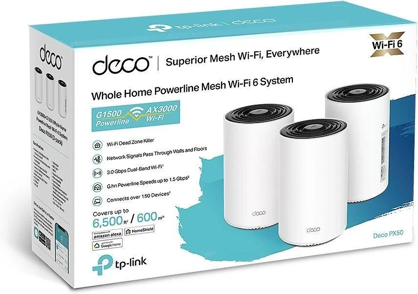 Maršrutizatorius TP-Link Deco PX50 (3 paketų) „WiFi6 Powerline Mesh“ (AX3000, 2,4 GHz / 5 GHz, 3 x GbELAN / WAN)