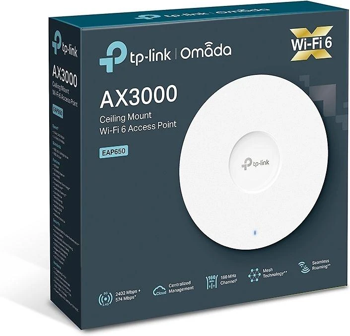 Maršrutizatorius TP-LINK | AX3000 lubinis „WiFi 6“ prieigos taškas | EAP650 | 802.11ax | 2.4GHz/5GHz | 2402+574 Mbit/s | 10/100/1000 Mbit/s | Ethernet LAN (RJ-45) jungtys: 1 | MU-MiMO: Taip | PoE įvestis | Antenos tipas: vidinė, universali