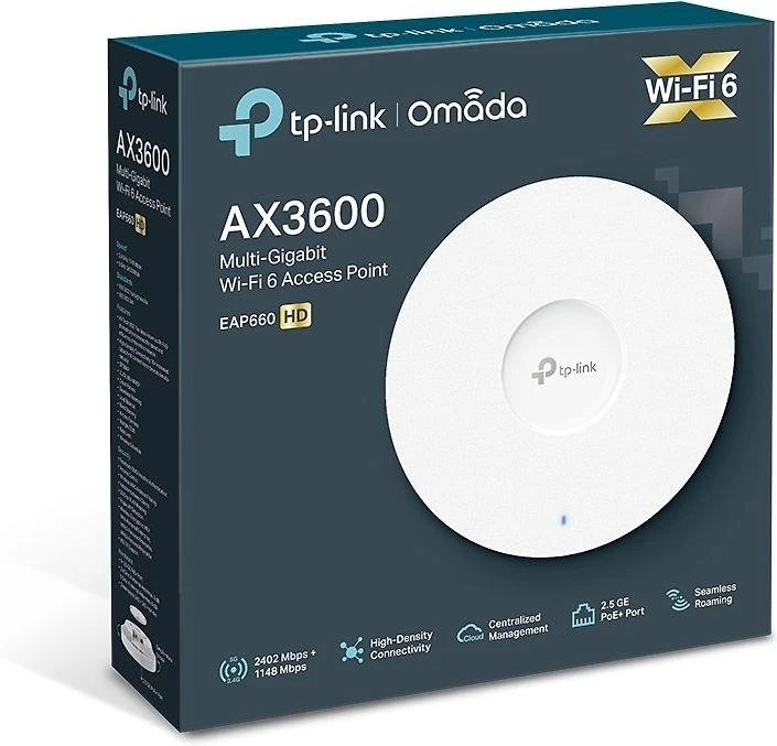 Maršrutizatorius TP-LINK EAP660 HD belaidis dviejų dažnių lubinis prieigos taškas | TP-LINK | Belaidis dviejų dažnių lubinis prieigos taškas | EAP660 HD | 802.11ax | 2402+1148 Mbit/s | 10/100/1000/2500 Mbit/s | Ethernet LAN (RJ-45) jungtys: 1 | MU-MiMO: Taip | PoE įvestis | Antenos tipas: Vidinė
