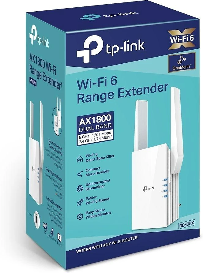 TP-LINK | Range Extender | RE605X | 802.11ax | Tinklelio atramos Nr. | 574+1201 Mbit/s | 10/100/1000 Mbit/s | Ethernet LAN (RJ-45) jungtys 1 | Nėra mobiliojo plačiajuosčio ryšio | MU-MiMO Nr. | Antenos tipas 2x išorinė