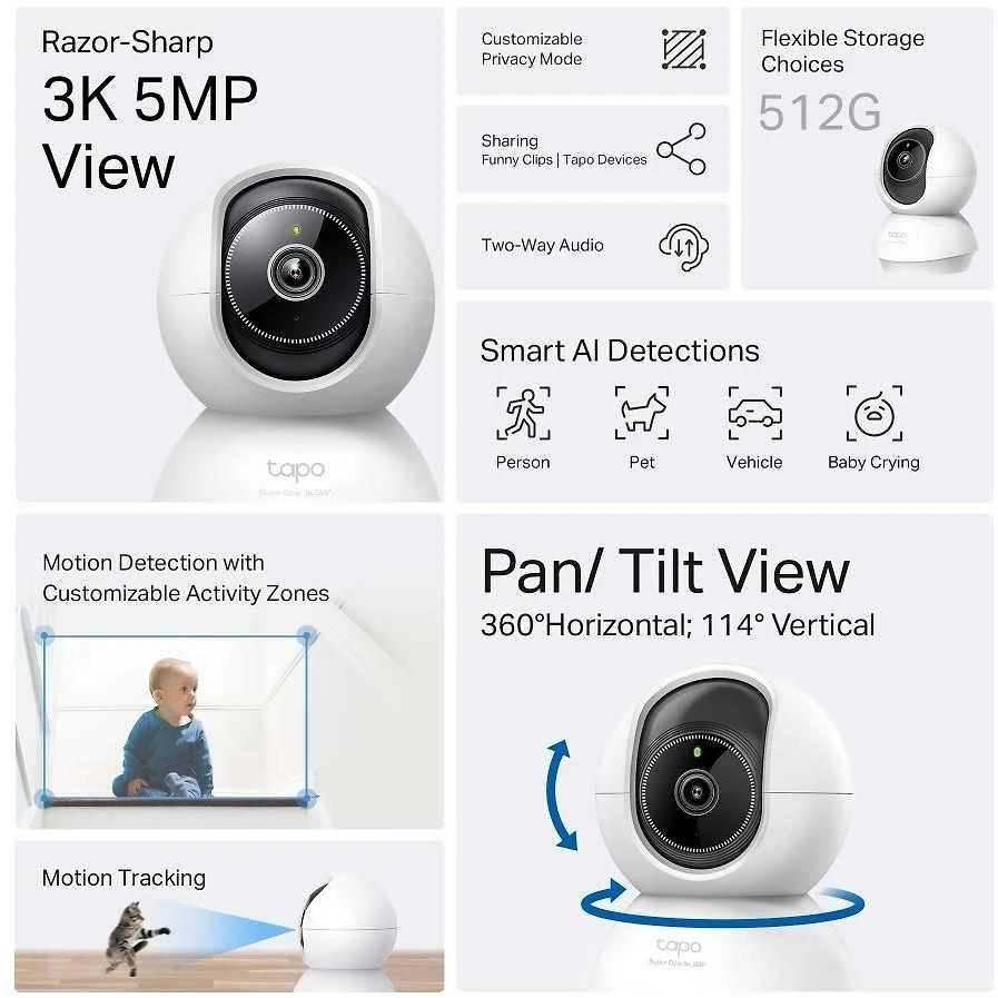 TP-LINK | Pakreipiama/sukama dirbtinio intelekto namų apsaugos „Wi-Fi“ kamera | Tapo C230 | Ant stalo/lubų tvirtinama | 5 MP | 4 mm/F2.0 | H.264 | „Micro SD“, maks. 512 GB