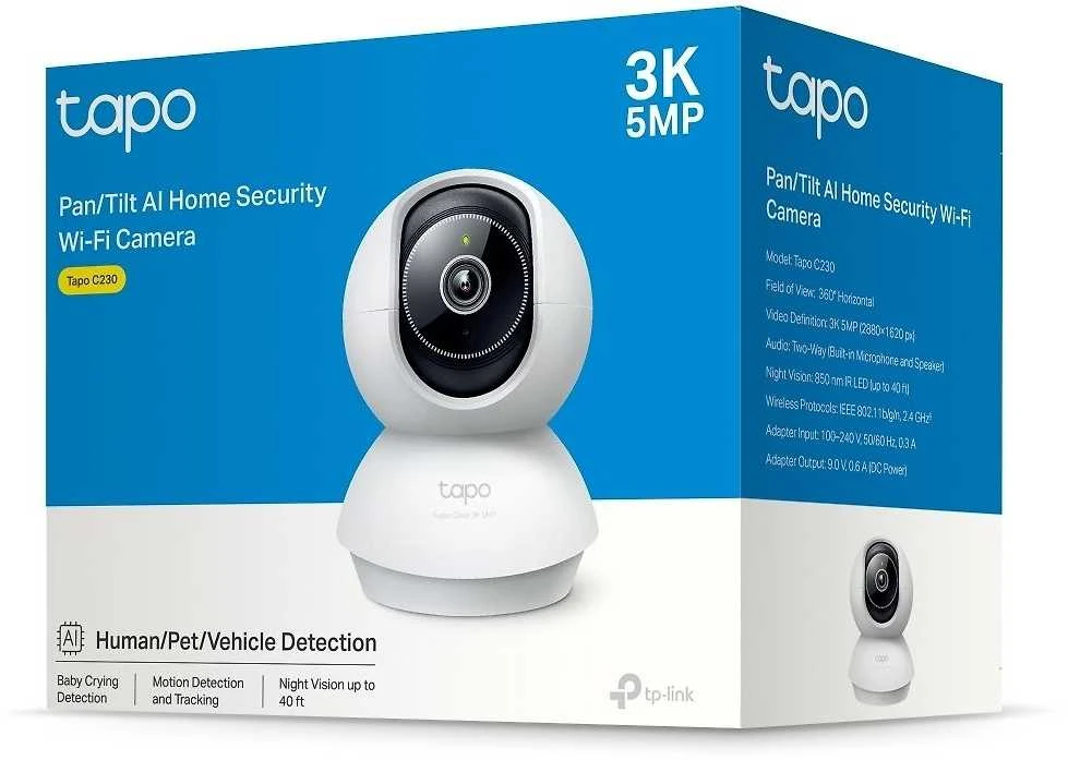 TP-LINK | Pakreipiama/sukama dirbtinio intelekto namų apsaugos „Wi-Fi“ kamera | Tapo C230 | Ant stalo/lubų tvirtinama | 5 MP | 4 mm/F2.0 | H.264 | „Micro SD“, maks. 512 GB