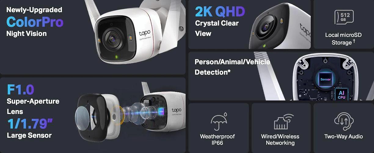 TP-LINK | ColorPro Outdoor Security Wi-Fi kamera | Tapo C325WB | Kulka | 4 MP | F1.0 | IP66 | H.264 | „MicroSD“, iki 512 GB