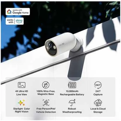 TP-Link Tapo belaidė apsaugos kamera vidaus/lauko erdvėje. SPECIFIKACIJOS: 4K UHD (3840x2160), palaikoma H.265/H.264, 16 kartų UHD skaitmeninis priartinimas, 2,4/5 GHz dviejų dažnių „Wi-Fi“, 10000 mAh įkraunama ličio jonų baterija.