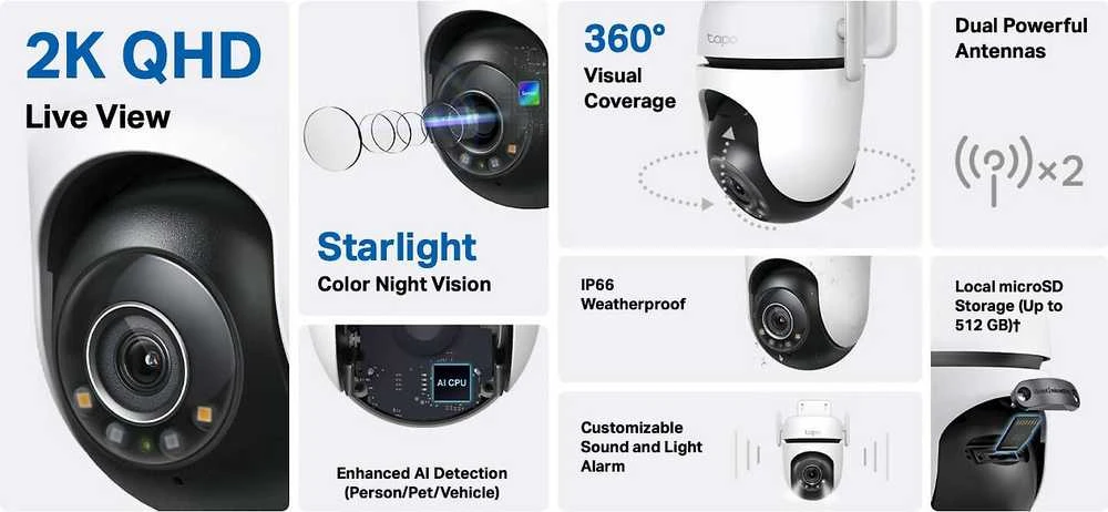 TP-LINK | Pan/Tilt Security Wi-Fi kamera | Tapo C520WS | Kupolas | 4 MP | 3,18 mm/F1,6 | IP66 | H.264 | „MicroSD“, iki 512 GB