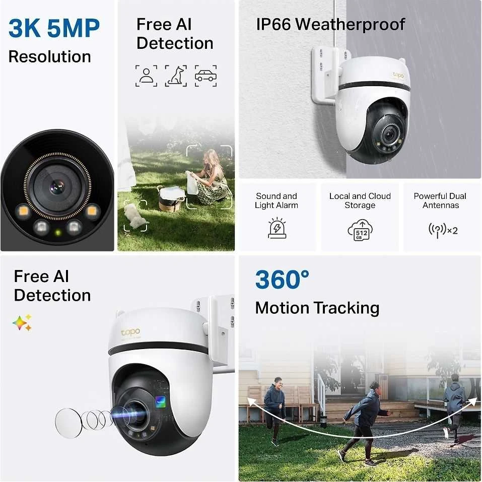TP-LINK | Lauko apsaugos Wi-Fi kamera su pasukimu/pakreipimu | Tapo C530WS | Kupolinė | 5 MP | 3.2 mm / F1.6 | IP66 | H.264 | Micro SD, maks. 512 GB