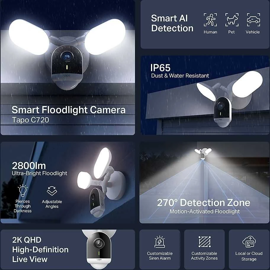 TP-LINK | „Smart Floodlight“ apsaugos kamera | Tapo C720 | 4 MP | 2,1 mm/ F2,1 | IP65 | H.264 | Micro SD, maks. 512 GB