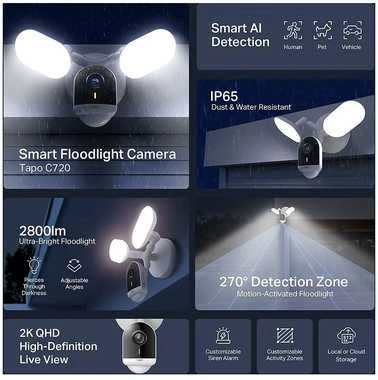 TP-LINK | „Smart Floodlight“ apsaugos kamera | Tapo C720 | 4 MP | 2,1 mm/ F2,1 | IP65 | H.264 | Micro SD, maks. 512 GB
