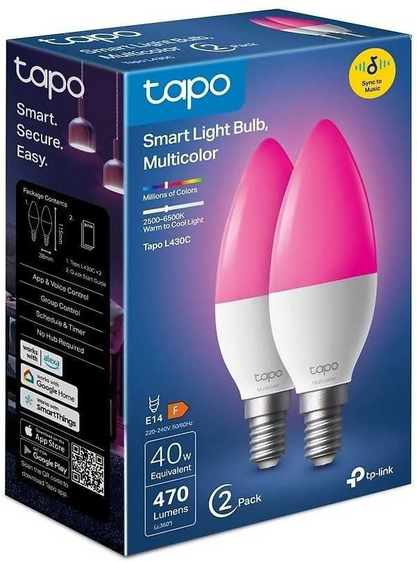 TP-Link Tapo L430C (2 vnt. pakuotė) išmanioji WiFi reguliuojamo ryškumo LED lemputė (spalvota, 2500K-6500K, 470lm, 2.4GHz, E14)