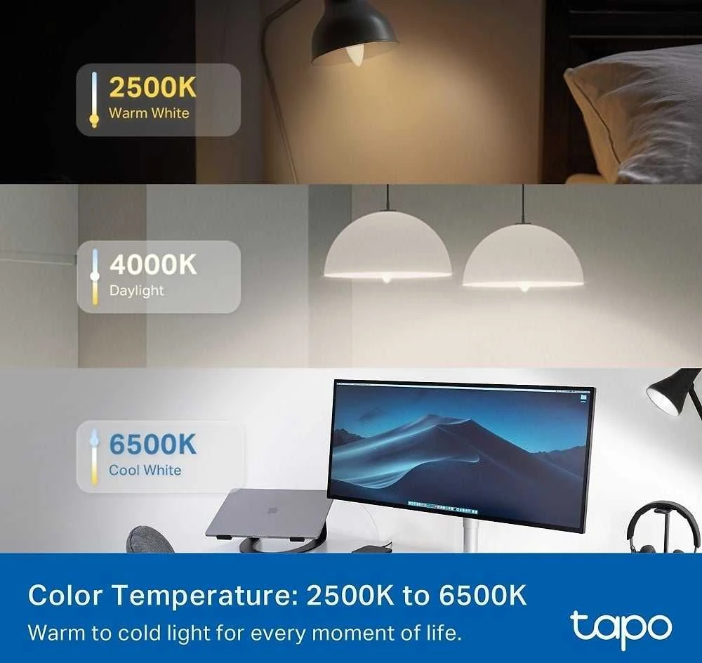 TP-Link Tapo L430C (2 vnt. pakuotė) išmanioji WiFi reguliuojamo ryškumo LED lemputė (spalvota, 2500K-6500K, 470lm, 2.4GHz, E14)