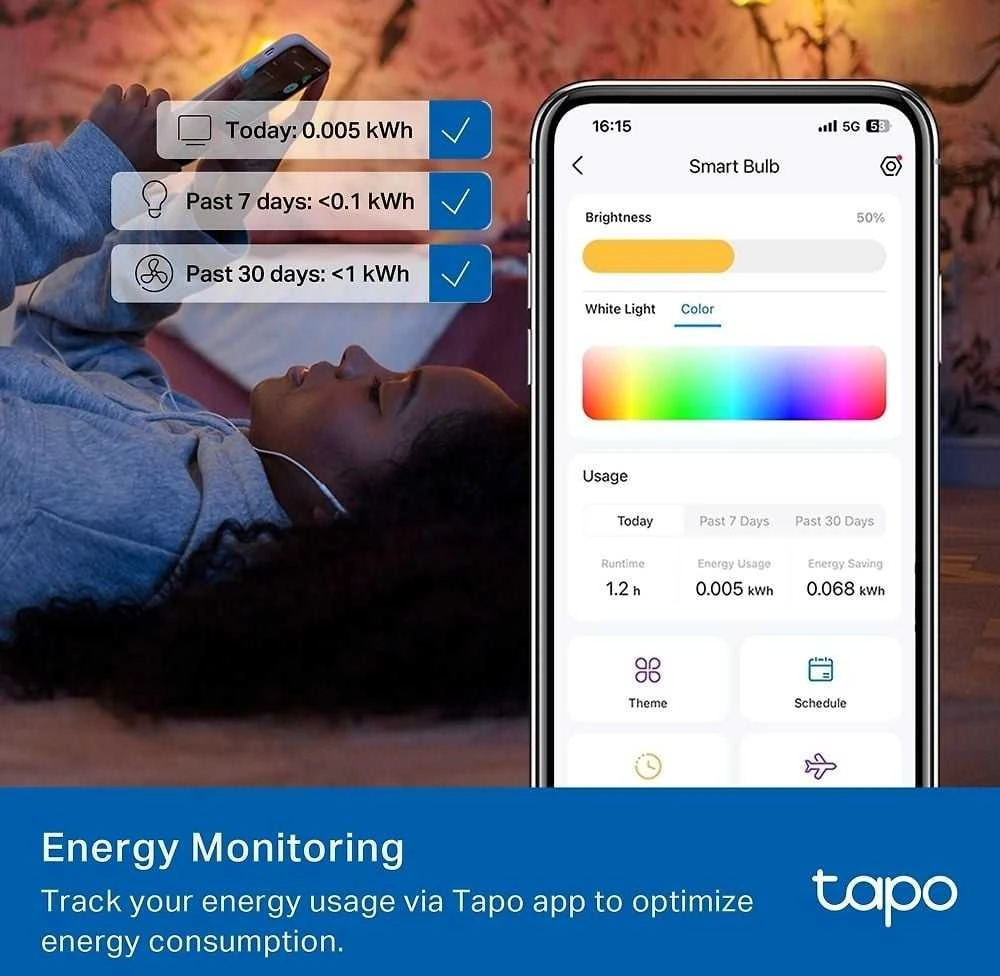 TP-Link Tapo L430C (2 vnt. pakuotė) išmanioji WiFi reguliuojamo ryškumo LED lemputė (spalvota, 2500K-6500K, 470lm, 2.4GHz, E14)