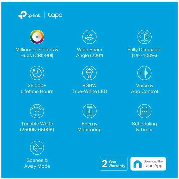 TP-Link „Tapo“ išmanioji „Wi-Fi“ lemputė, daugiaspalvė, 4 vnt. pakuotė, išmanioji lemputė, „Wi-Fi“, metalinė, balta, 802.11b, 802.11g, „Wi-Fi 4“ (802.11n), LED, E27
