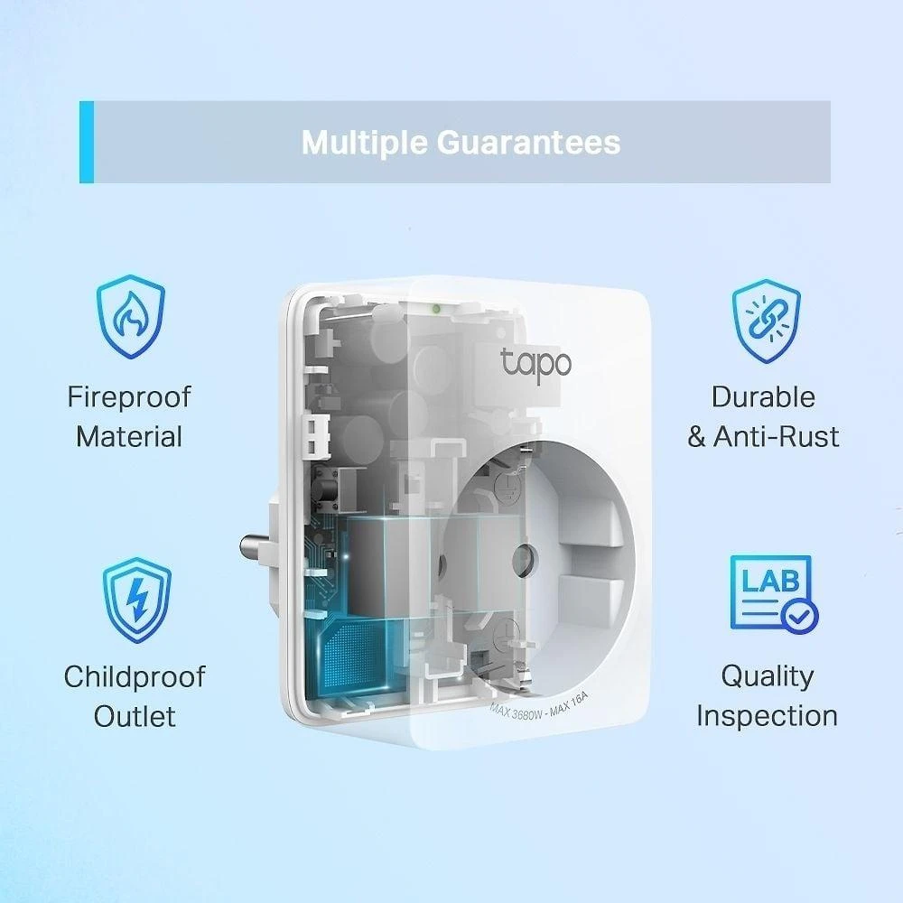 TP-Link Tapo Mini išmanusis „Wi-Fi“ lizdas, energijos stebėjimas, belaidis, „Wi-Fi“, 2,4–2,4835 GHz, 2400 MHz, 802.11a, 802.11b, 802.11g, „Wi-Fi 4“ (802.11n), 72 Mbit/s
