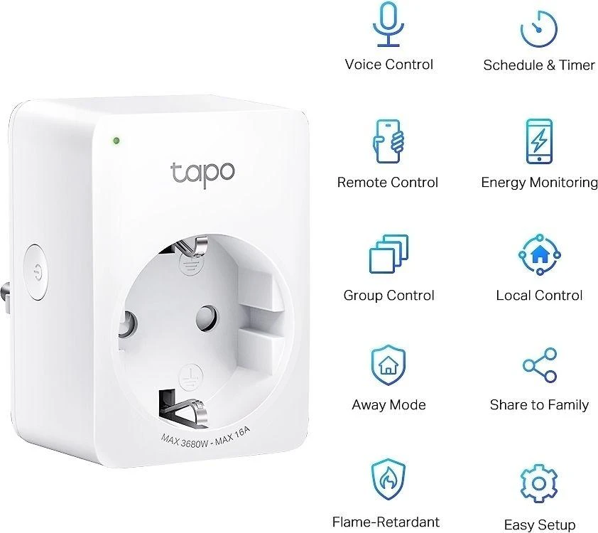 TP-Link Tapo Mini išmanusis „Wi-Fi“ lizdas, energijos stebėjimas, belaidis, „Wi-Fi“, 2,4–2,4835 GHz, 2400 MHz, 802.11a, 802.11b, 802.11g, „Wi-Fi 4“ (802.11n), 72 Mbit/s