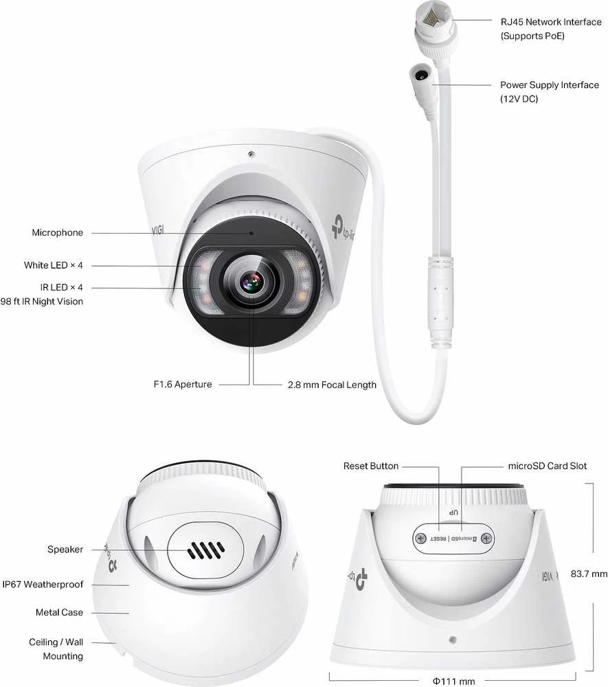 TP-LINK | 5 MP spalvota tinklo kamera | VIGI C455 | 36 mėn. | Bokštelis | 4 MP | 2,8 mm / F1.6 | Maitinimas per Ethernet (PoE) | IP67 | H.265/H.264 | „MicroSD“ kortelė, iki 256 GB