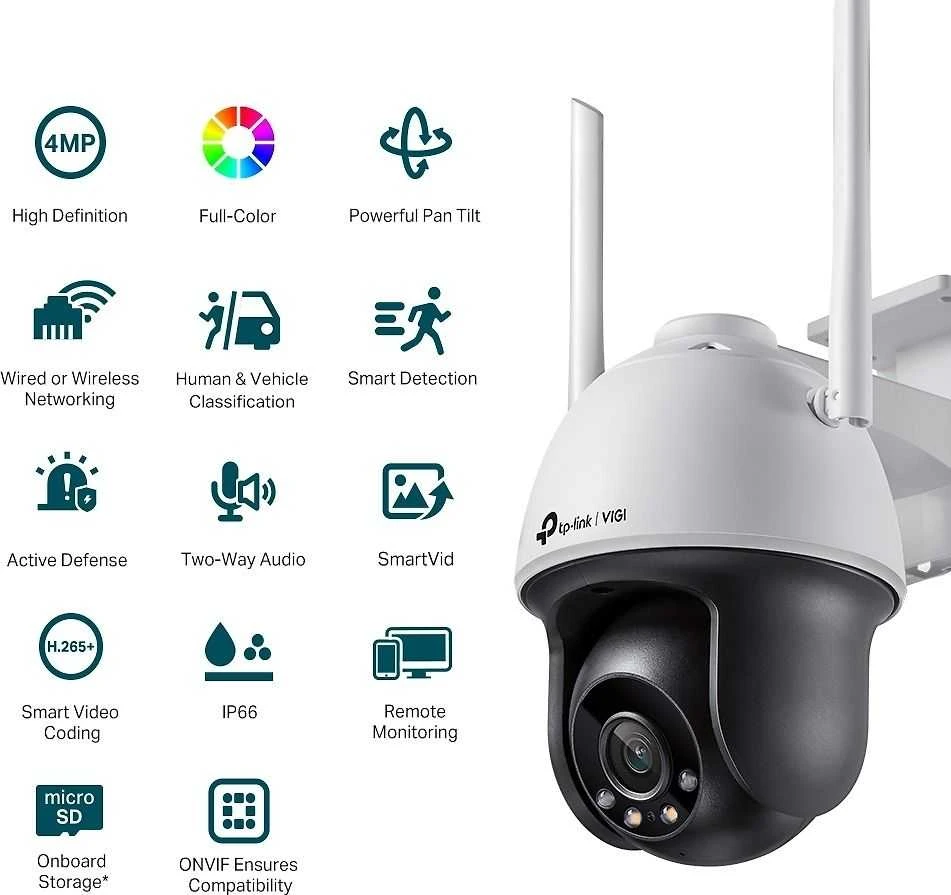 TP-LINK | VIGI 4MP lauko visų spalvų Wi-Fi Pan Tilt tinklo kamera | VIGI C540-W | Kupolas | 4 MP | 4 mm | IP66 | H.265+/H.265/H.264+/H.264 | MicroSD