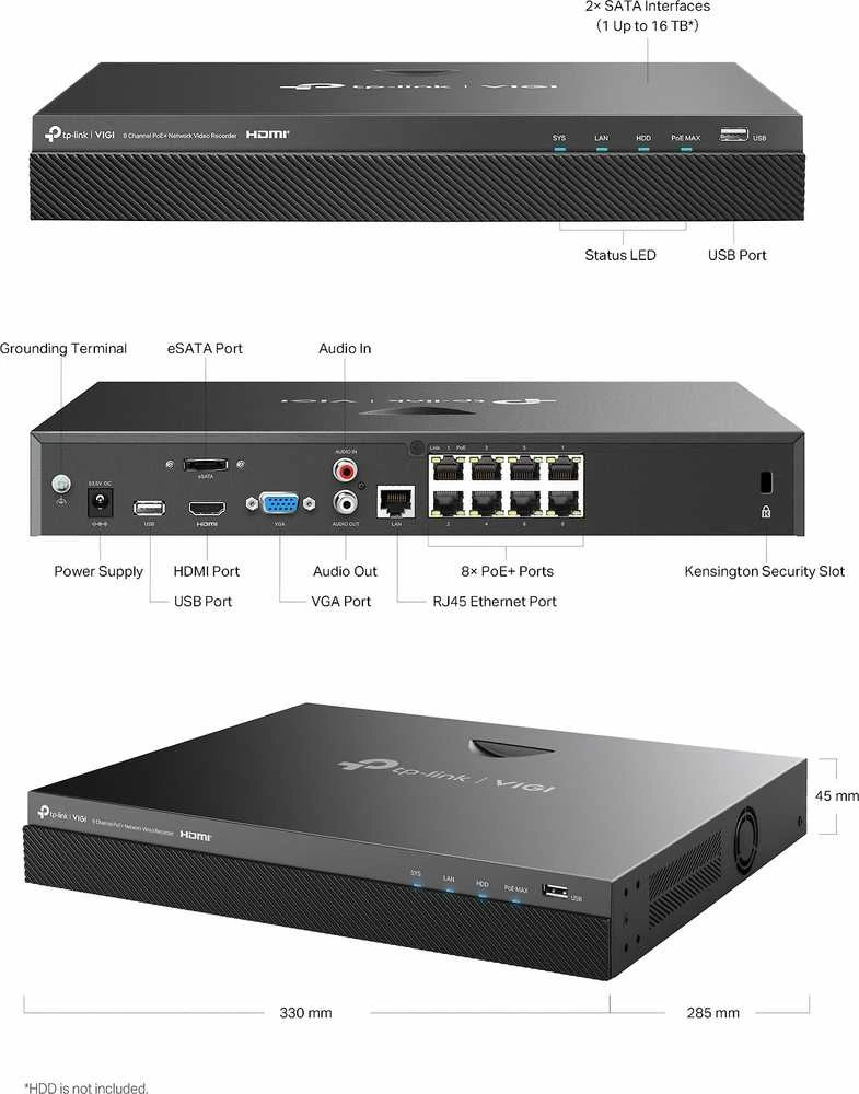 Tinklo Priedas - TP-LINK VIGI NVR2008H-8MP 8MP, PoE+, USB 2.0, eSATA