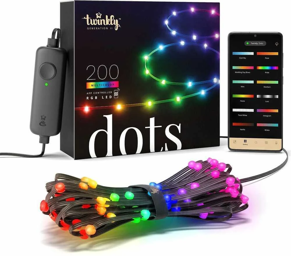 Lubinis šviestuvas „Twinkly Dots“ išmanusis LED šviestuvas 200 RGB, 10 m, juodas laidas | Daugiaspalvis