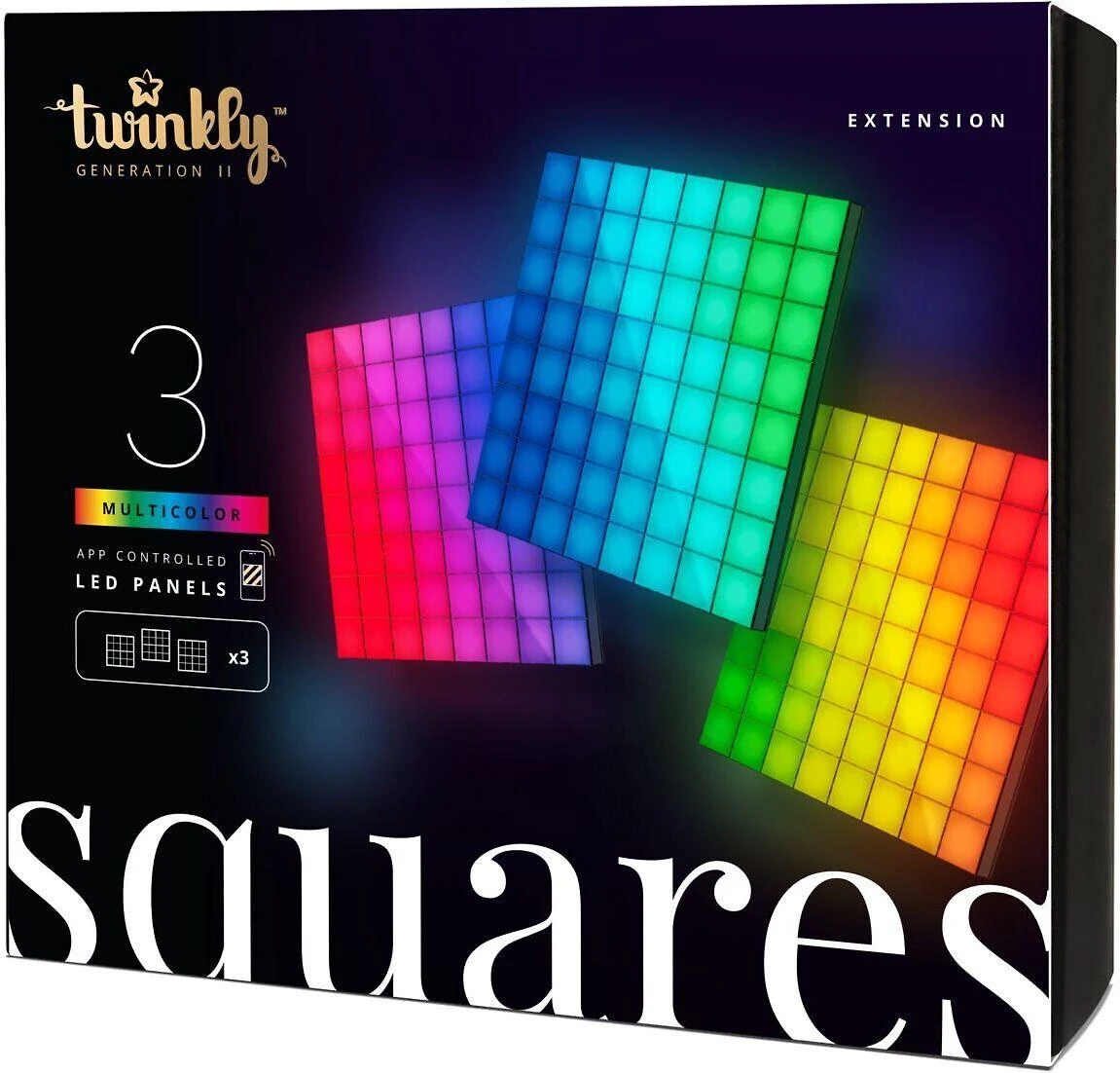 „Twinkly Squares“ išmaniųjų LED panelių išplėtimo paketas (3 panelės) RGB – 16 mln. spalvų