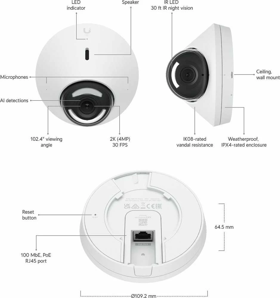 UBIQUITI UVC-G5 kupolinė vaizdo kamera lauko sąlygoms, 2k POE, „MagicZoom“ infraraudonųjų spindulių mikrofonas