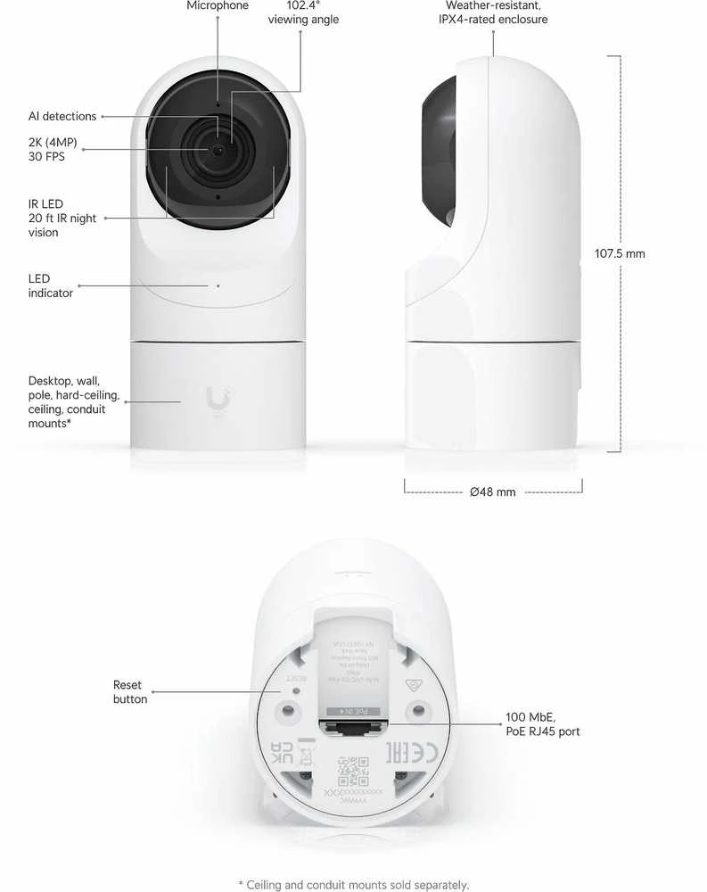 UBIQUITI UVC-G5-Flex IP kamera IPX4 2K 30 fps 1x RJ45 100Mb/s PoE mikrofonas
