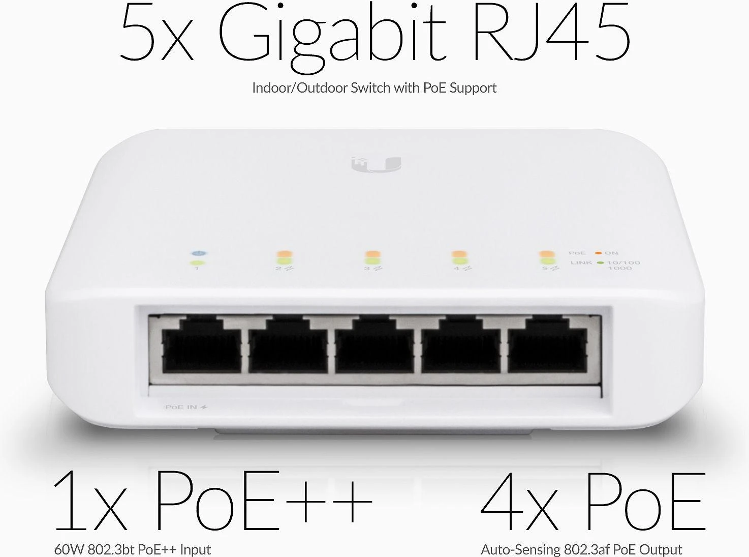 Maršrutizatorius „Ubiquiti USW-Flex“ vidinis/lauko 5 prievadų „Poe“ gigabito komutatorius su 802.3bt įvesties maitinimo palaikymu | „Ubiquiti“