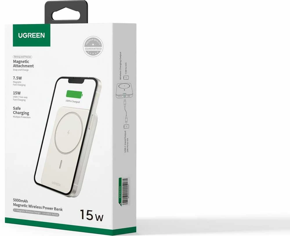 LiPo išorinis akumuliatorius (Powerbank) 5000mAh 15W bevielis QI 7.5W, su magnetu Magsafe PB560 UGREEN
