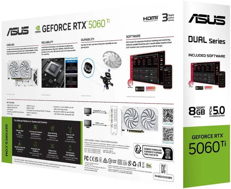 Vaizdo plokštė Asus Dual GeForce RTX 5060 TI Baltas OC 8GB GDDR7 DLSS4 (DUAL-RTX5060TI-O8G-Baltas)