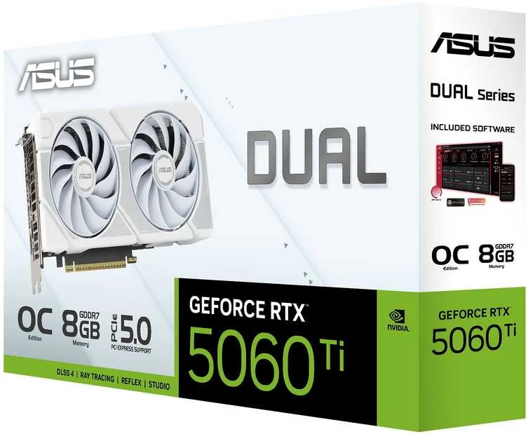 Vaizdo plokštė Asus Dual GeForce RTX 5060 TI Baltas OC 8GB GDDR7 DLSS4 (DUAL-RTX5060TI-O8G-Baltas)
