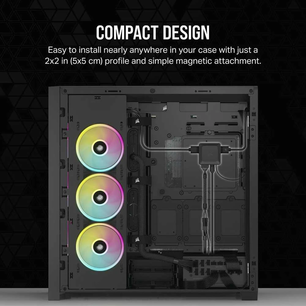 CORSAIR iCUE LINK System Hub automatically detects, synchronizes, and manages all your system cooling and RGB lighting by linking up to 14 devices, significantly reducing cabling complexity.