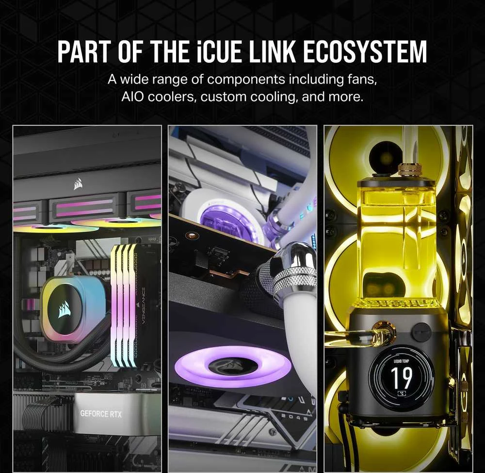 CORSAIR iCUE LINK System Hub automatically detects, synchronizes, and manages all your system cooling and RGB lighting by linking up to 14 devices, significantly reducing cabling complexity.