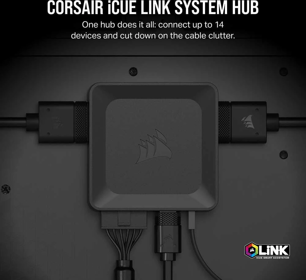 CORSAIR iCUE LINK System Hub automatically detects, synchronizes, and manages all your system cooling and RGB lighting by linking up to 14 devices, significantly reducing cabling complexity.