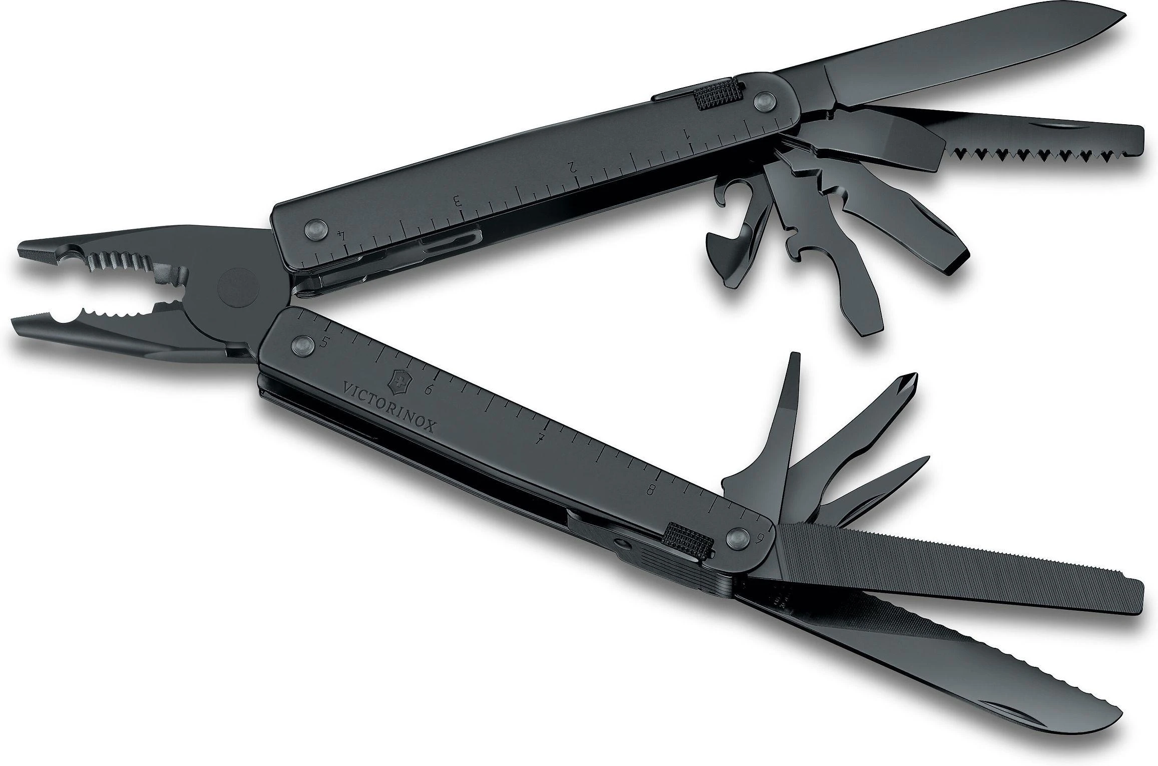Juodas Victorinox SwissTool BS su išskleistais įrankiais