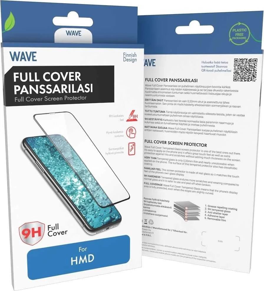 Wave Full Cover -panssarilasi, HMD Pulse Pro, musta kehys