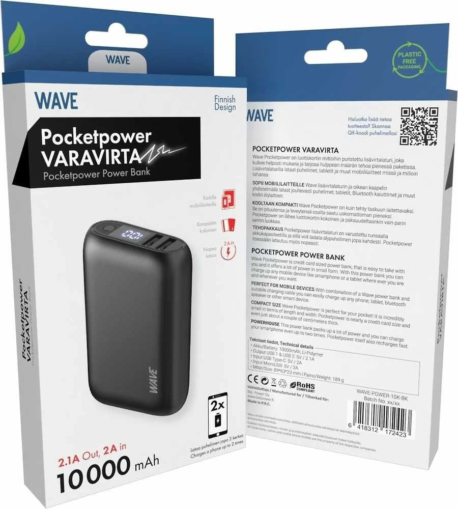 Wave Pocketpower atsarginis maitinimo šaltinis, 10 000 mAh, juodas