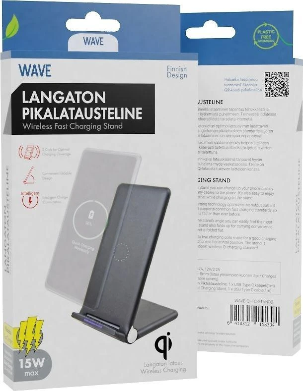 Wave Qi-pöytäteline 15W langattomalla latauksella, musta
