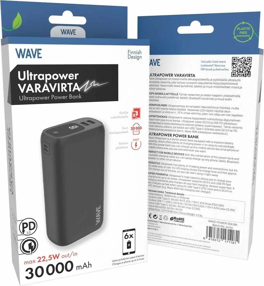 Wave Ultrapower -varavirtalähde, 30 000 mAh, musta