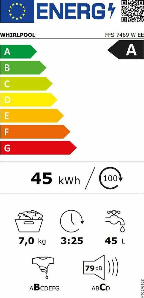 Whirlpool | Skalbimo mašina | FFS 7469 W EE | Energy efficiency class A | Front loading | Skalbimo talpa 7kg | 1400 RPM | Gylis 57.5 cm | Plotis 59.5 cm | Ekranas | LED | Baltas