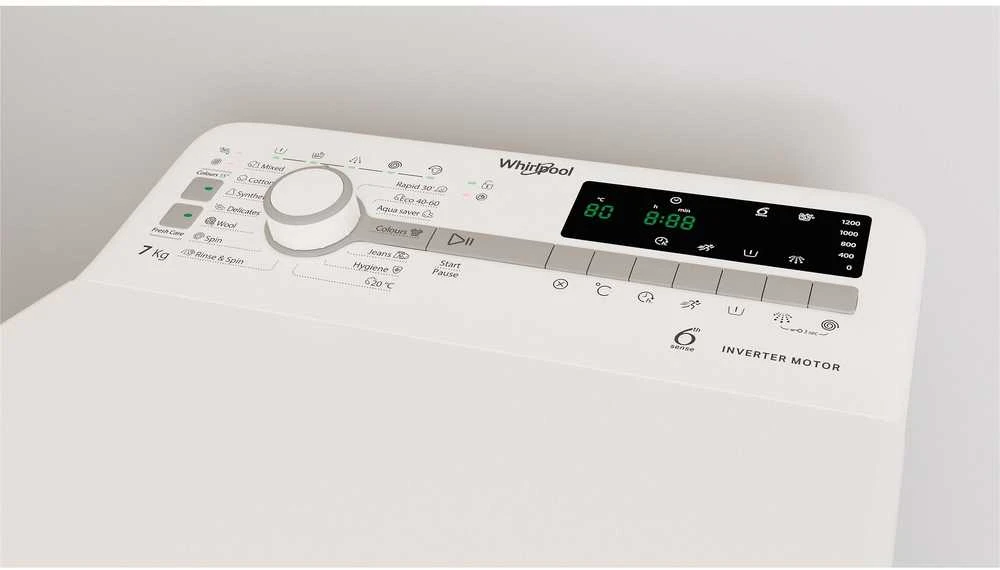 WHIRLPOOL Viršutinė skalbimo mašina TDLR 7231BS EU 7kg, 1200 aps./min., D energijos klasė, Plotis 40 cm, Gylis 60 cm, Inverterinis variklis